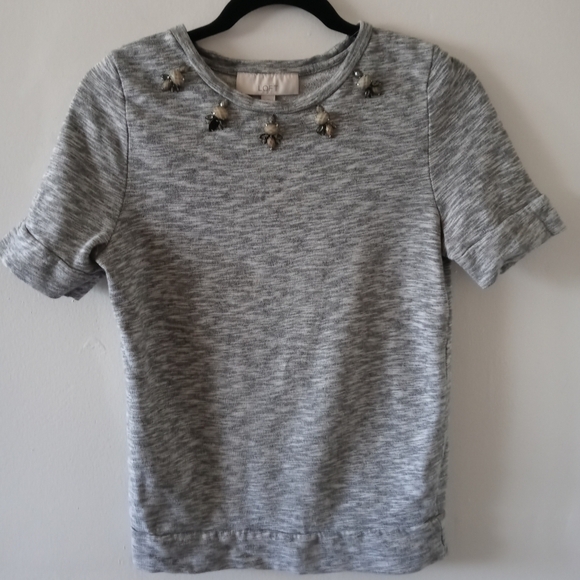 Ann Taylor LOFT Gray Jeweled Neckline  Embellished Short Sleeves Top - Picture 9 of 10